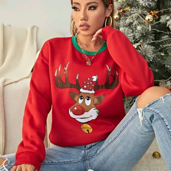 Drop Shoulder Christmas Print Rudolph reindeer Sweater shirt - Picture 5 of 7